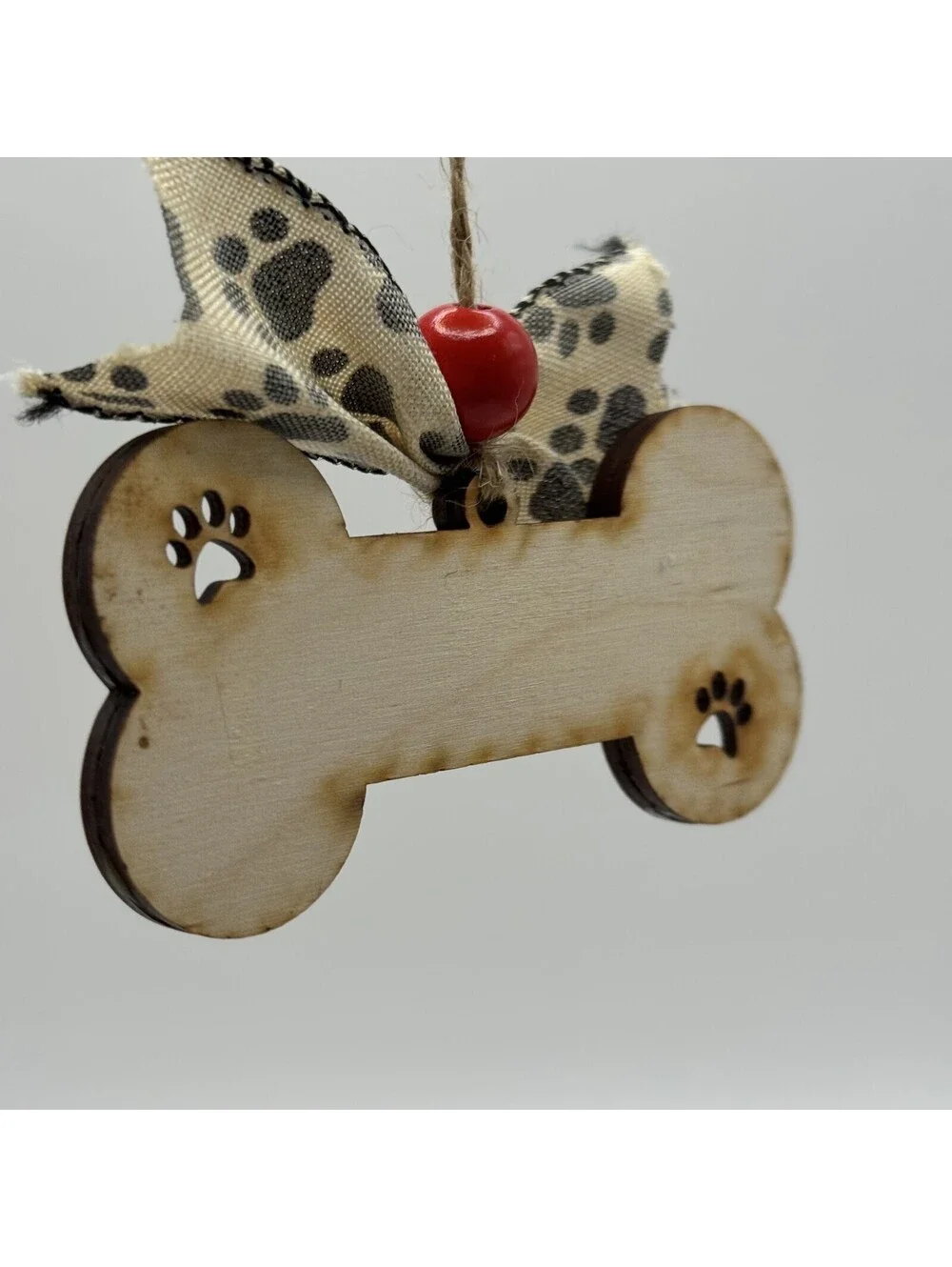 Dog Bone Wooden Ornament Handmade Paw Print Dog Puppy Love Christmas Xmas Ribbon